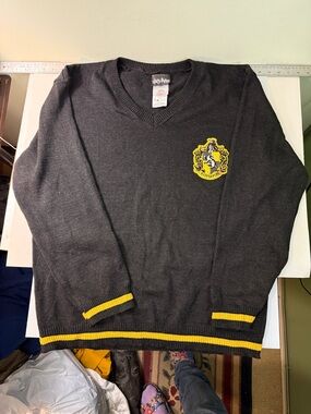 Harry Potter Black V-Neck Sweater with Yellow Trim and Hufflepuff Crest